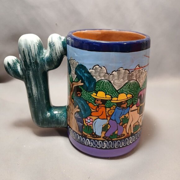 Handpainted South American Cactus Handle Heavyweight Coffee Mug Stein Preowned - Picture 2 of 11